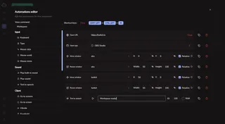 ottomate automation editor showing a multi-step macro: triggering OBS Studio, positioning windows, and resizing apps via a single voice command.